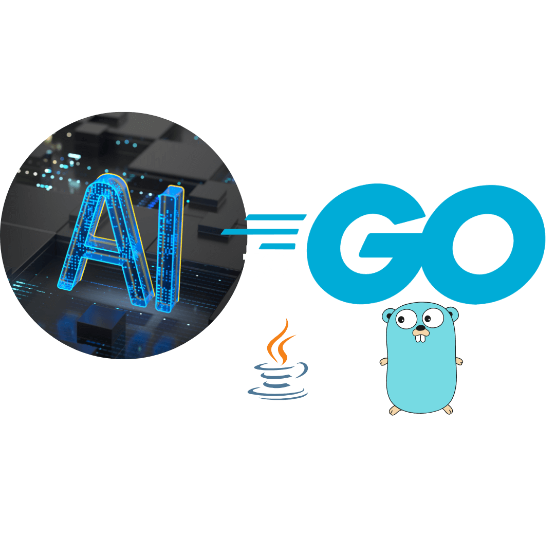 Logo of AI to Go Online, featuring AI elements, GoLang mascot, and Java logo